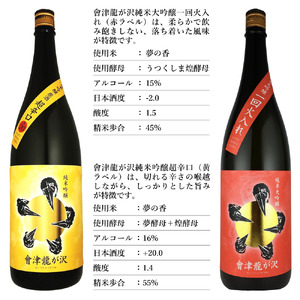 【販売店限定の貴重なお酒】會津龍が沢こだわりの味飲み比べ　純米大吟醸　純米吟醸　1.8L（各1本）