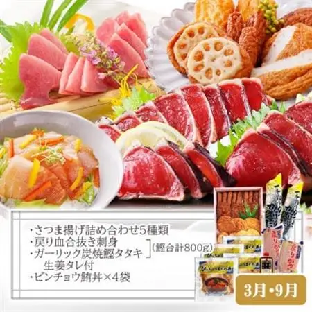 定期便(半年で3回)さつま揚げ＆鮮度抜群な一本釣りかつお・まぐろ LL-6007_ かつお マグロ さつま揚げ 丼 タタキ セット 定期便 食べ比べ 鹿児島 枕崎 人気 びんちょう 漬け 海鮮 冷凍 _【配送不可地域：離島】【1462810】
