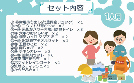 1人用  35点防災グッズ 豊岡産 グリーン　【 防災グッズ 防災用品  災害時 非常時 備え 対策 お水 防災セット トイレ 備蓄 非常用 簡易 非常食 飲料水 簡易トイレ 5年保存 長期保存 災害 非常用 】