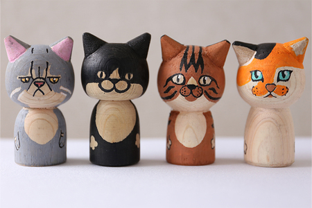 SE0224　ねこけし4種セット（シロクロネコ、キジトラ、三毛猫、エキゾチックショートヘア）各1個