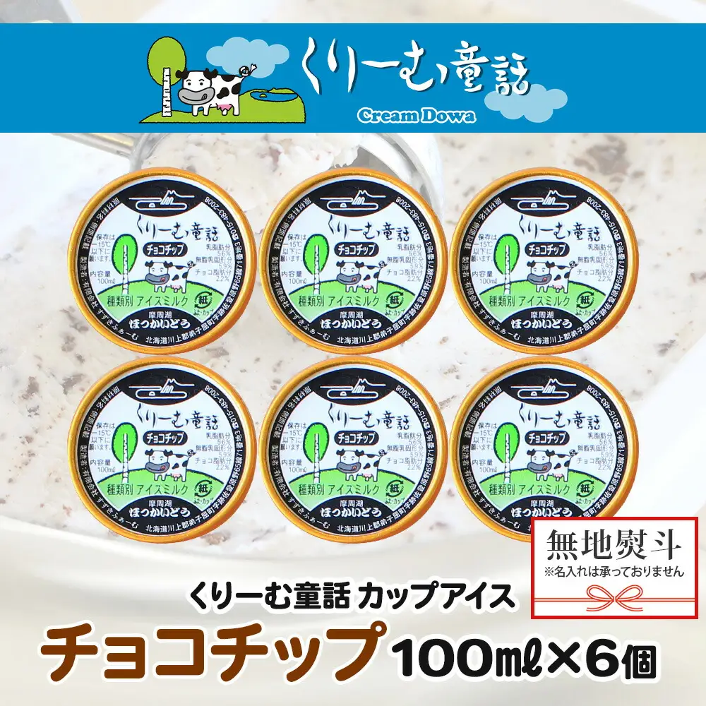2347. 無地熨斗 くりーむ童話 カップアイス チョコチップ 100ml×6個 アイスクリーム アイス スイーツ 牛乳 ミルク 贈り物 gift ギフト プレゼント 詰め合わせ 送料無料 北海道 弟子屈町