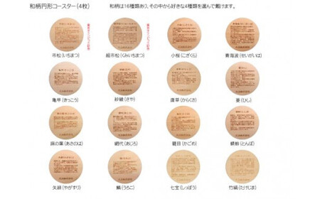 木製和柄コースター 丸 和柄縁起解説入 (直径9cm×厚0.3cm・4枚セット) ふるさと納税 福知山市 コースター 木製 和風 和柄 縁起 御守文様 開運 厄除け 木彫り 平彫り 木工 木製品 【fc-ZG035】【天法株式会社】