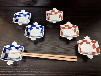 伊万里焼 市松コヅチ豆鉢（青・赤）６個セット 165-H1066