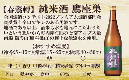 春鶯囀(しゅんのうてん）「富嶽・鷹座巣」セット　日本酒 お酒 地酒 清酒 銘酒 春鶯轉 富士川町 山梨 やまなし 受賞 辛口 玉栄 純米酒 純米吟醸 美山錦 南アルプス ぬる燗