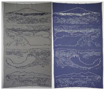 ブランケット大判リバーシブル大江町の風景柄（長さ155cm×巾95cm）グレー×ネイビー 031-019-GR_NV