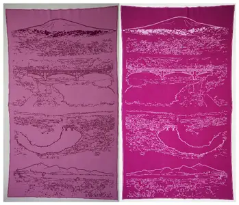 ブランケット大判リバーシブル大江町の風景柄（長さ155cm×巾95cm）ピンク×ワイン 031-019-PI_WI