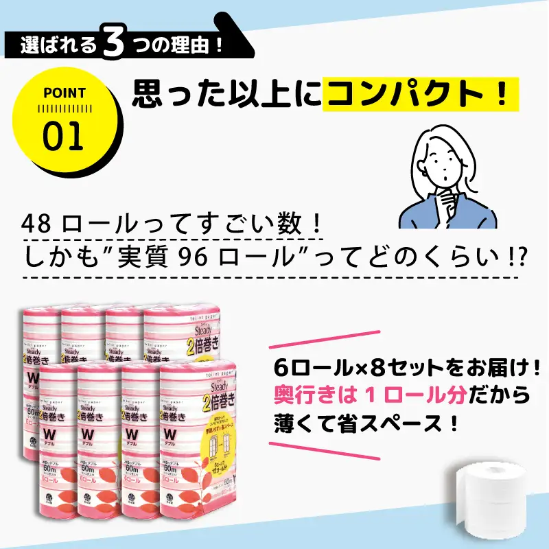【2026年7月発送】 トイレットペーパー ダブル 2倍巻き 6ロール✕8P 無香料 トイレット