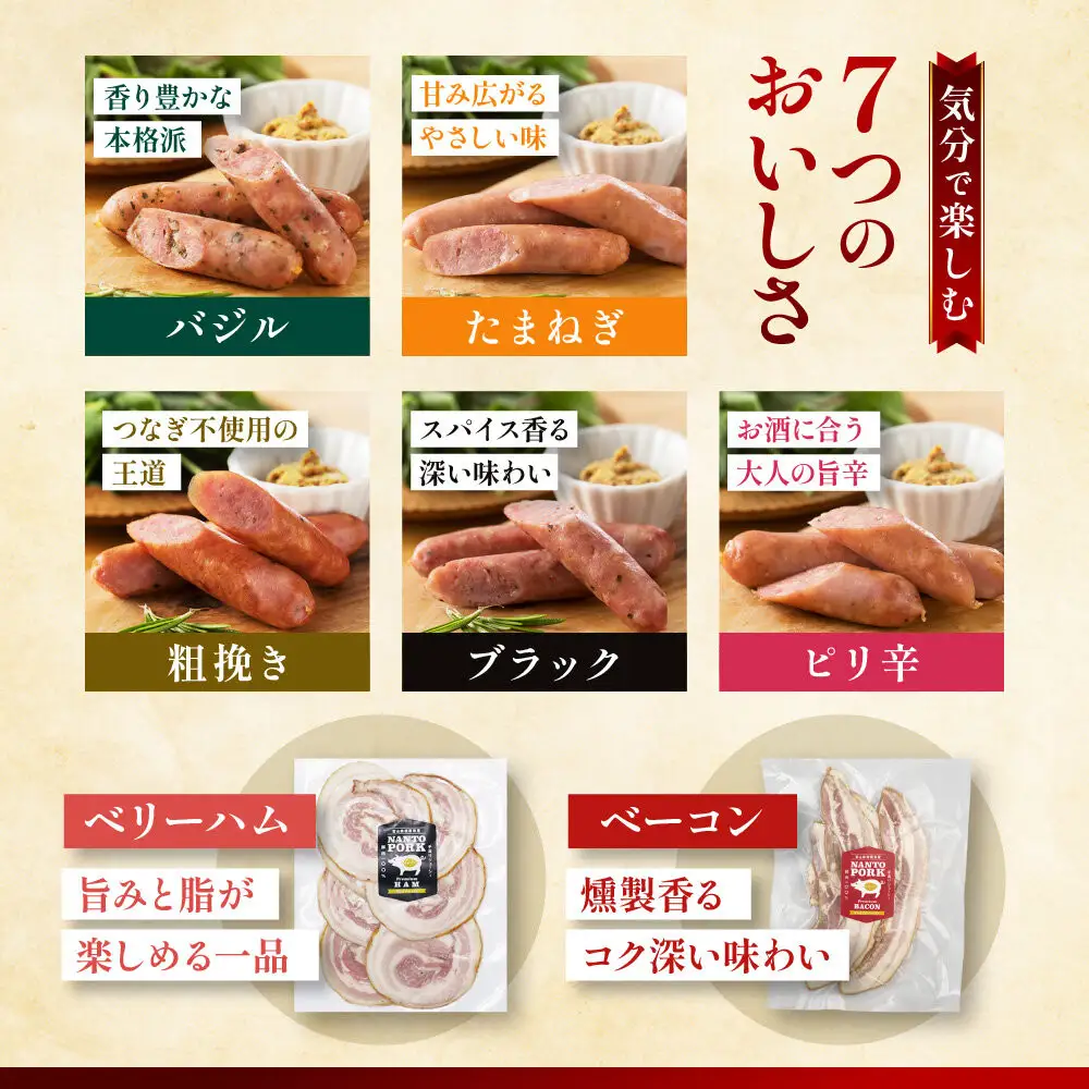 なんと贈り物セットC ソーセージ100ｇ×5種類×1 ベリーハム×1 ベーコン×1 《南砺の逸品》