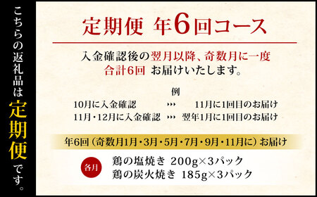 【年6回定期便】鶏の塩焼き・炭火焼 食べ比べ セット 約1.1kg（各3パック）×6回 2種 味付き 鶏肉 国産 お肉 調理済 真空パック おつまみ おかず 焼鳥 惣菜 家飲み 家呑み 晩酌 定期便冷凍 宮崎県 九州 送料無料 薄切り 小分け