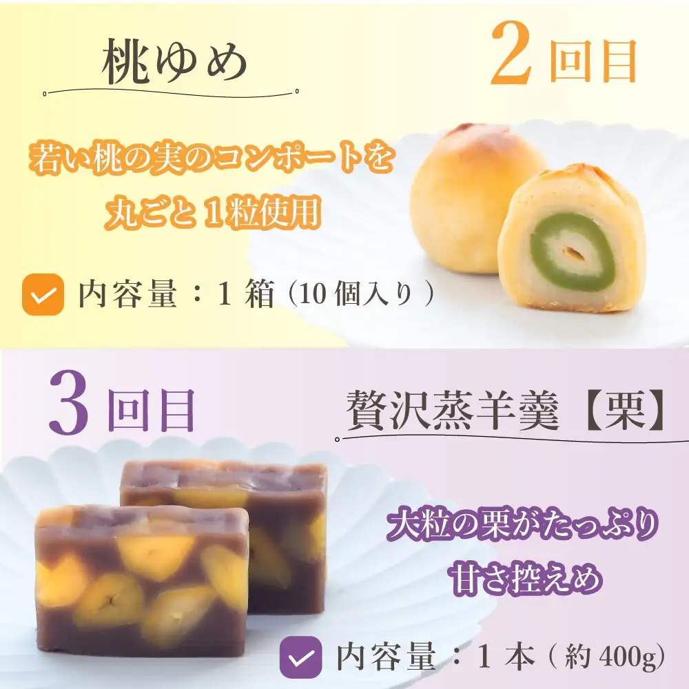 【定期便全3回】皇室献上菓匠 三省堂 贅沢和菓子 3か月 羊羹 桃ゆめ 栗羊羹 本格和スイーツ（VYD）C5-930