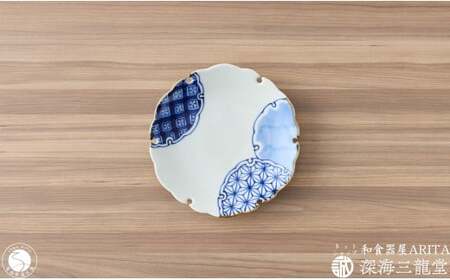 染付と赤絵雪輪皿 麻の葉 2枚 セット 深海三龍堂 有田焼 和食器 和風 小皿 銘々皿 取り皿 七宝 染付 青 赤 A24-91
