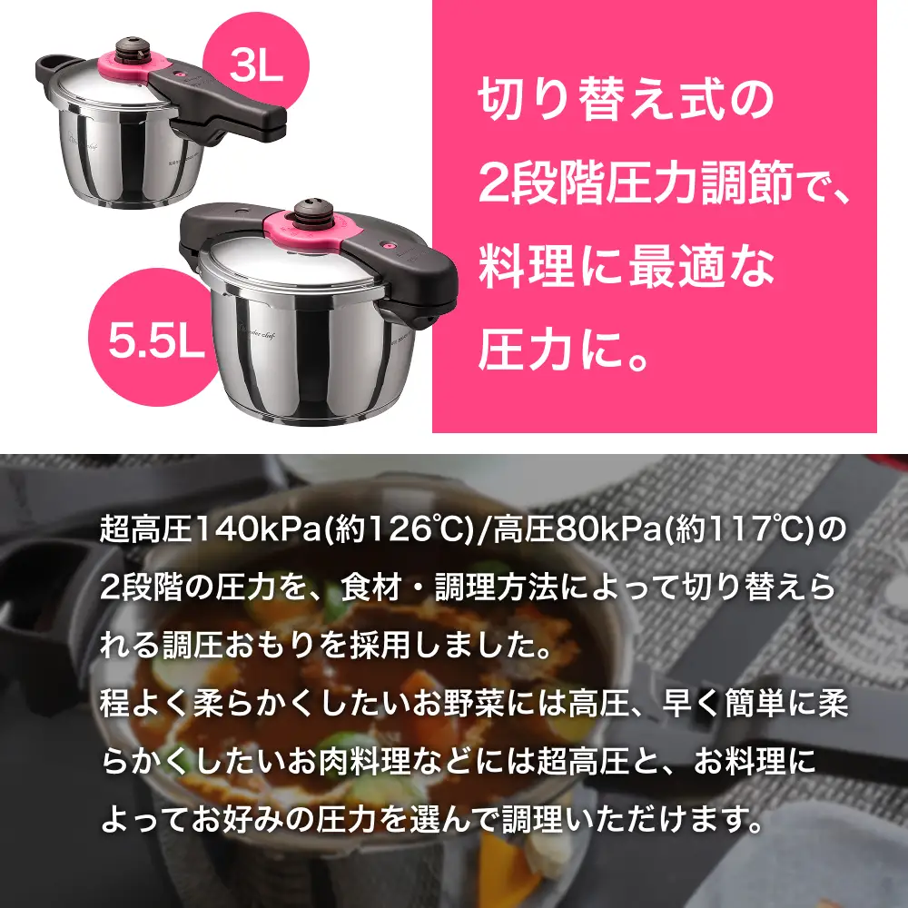 圧力鍋 日本最高クラスの超高圧と高圧の2段切替　魔法のクイック料理 5.5L【wdcf0002A】