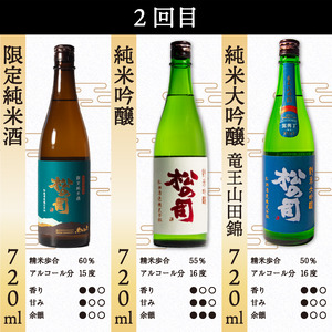 定期便 日本酒 松の司 12本 ( 3種類 × 4回 ) 720ml 1本お任せ 純米吟醸 「楽」 「AZOLLA50」 「生もと純米酒」 「陶酔」 「純米酒」 「竜王山田錦」 「みずき」 「黒」 「限定純米酒」 「純米吟醸」 「Ultimus」金賞 受賞酒造 