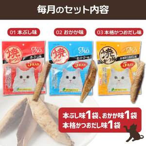 【12回定期便】キャットフード いなば チャオ・焼かつお 全３風味（５本入×３袋セット）【J00096】
