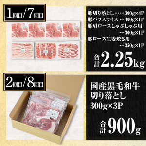 isa586 【定期便12回】豚・牛が交互に届く生活応援定期便(合計17.5kg) 肉 豚肉 牛肉 霜降り すきやき しゃぶしゃぶ スライス 生姜焼き 豚バラ 切り落とし 焼肉 冷凍 ロース カタロース 肩ロース BBQ アウトドア コンシェルジュ 【サンキョーミート株式会社】