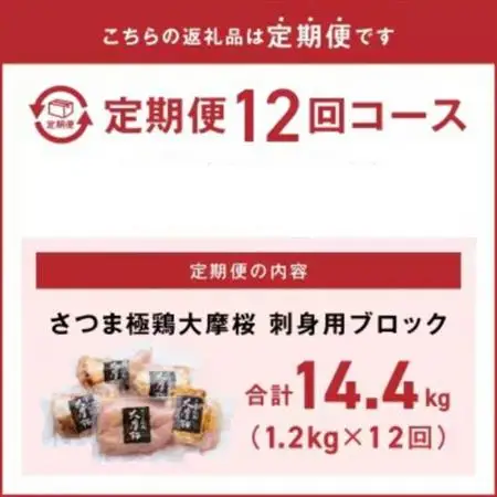 【毎月定期便】さつま極鶏大摩桜 刺身用ブロック全12回【配送不可地域：離島】【4082822】
