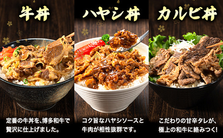 博多和牛 牛丼 ハヤシ丼 カルビ丼 丼ものセット 各 200g x 1パック 600g 清柳食産《30日以内に順次出荷(土日祝除く)》肉 牛肉 和牛 丼 送料無料 鞍手郡 鞍手町 お弁当 おかず 小分け パック 冷凍