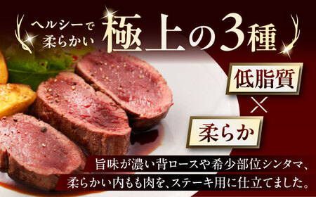 【全12回定期便】鹿肉 ステーキ 3種 セット ( 背ロース シンタマ 内もも 各2枚 ) 鹿肉 ステーキ 赤身 [AJAO025]