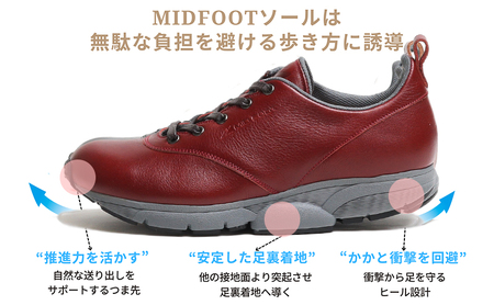 MIDFOOT ( ミッドフッド ) 婦人靴 レザースニーカー MF002JL ( ワイン ) 4E　【 ファッション 靴 シューズ スニーカー レディース 】 【 お洒落 レザーシューズ オイルレザー 快適 履き心地 】  BN003 25.0cm