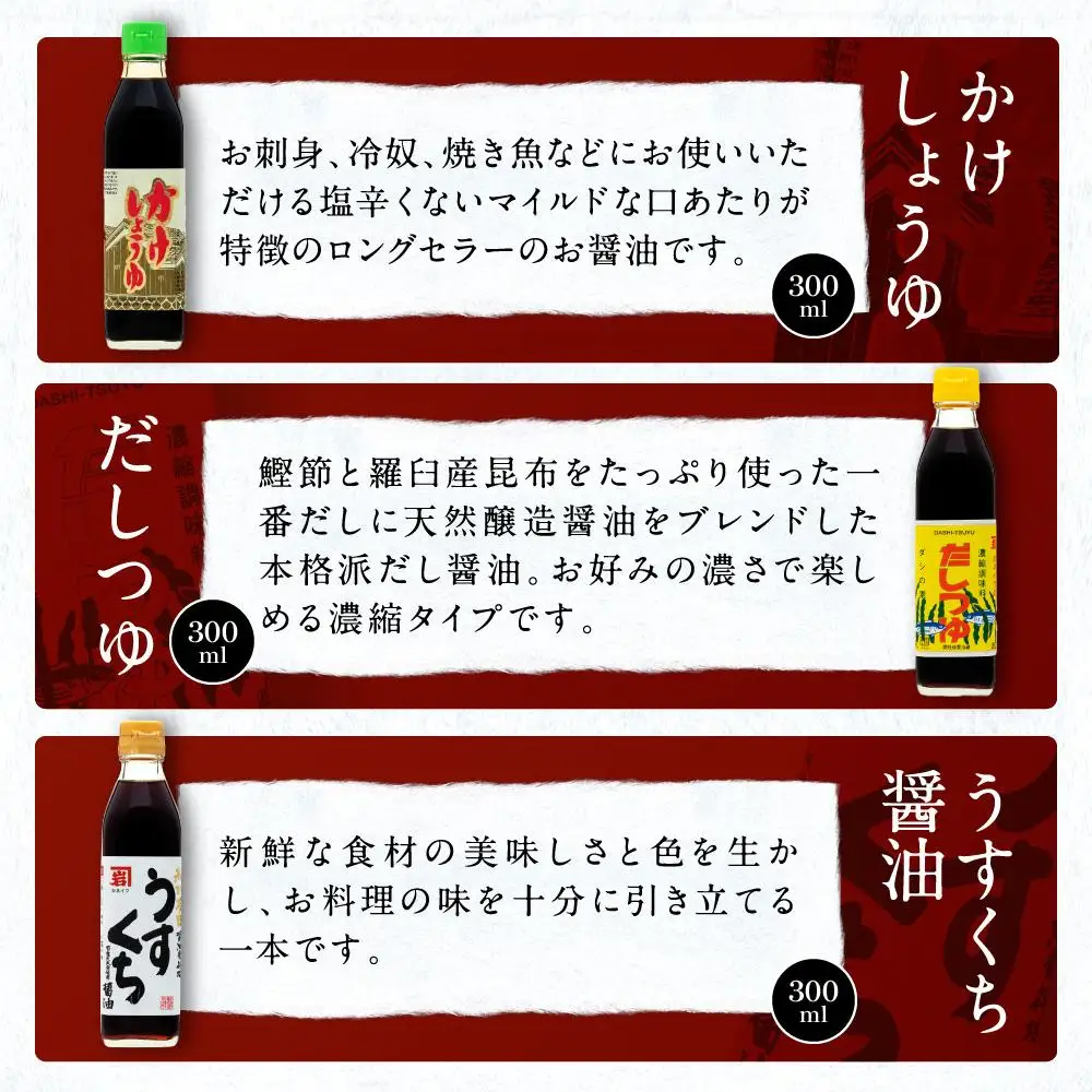 【定番セット】カネイワ醤油本店 国産原料でつくる木桶熟成のお醤油   定番のお醤油300ｍｌ5本セット