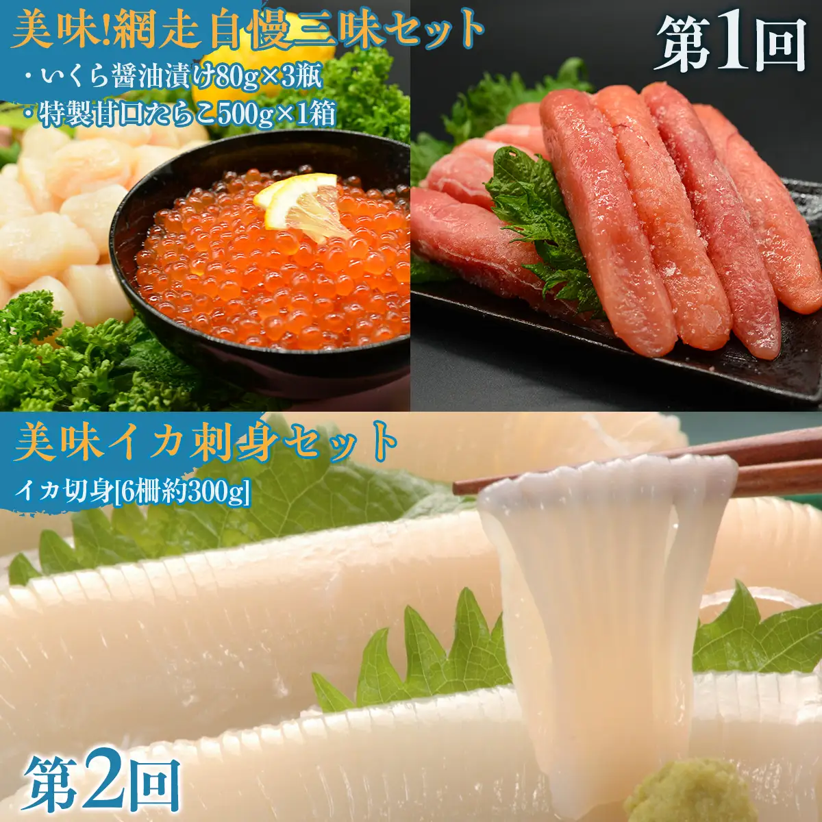【毎月定期便】網走炉端五十集屋の酒の友達定期便(ほたて・いくら・たらこ、イカ刺身、イカ一夜干)全3回 ABAO090
