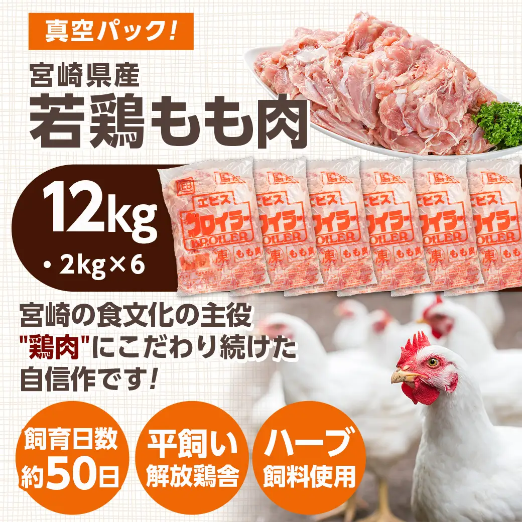 宮崎県産若鶏 もも肉(12kg)〔29-G301〕_(都城市) 若鶏 鶏肉 真空 もも肉 宮崎県 平飼い ハーブ ふっくら ジューシー ストック 大容量 たっぷり 唐揚げ 親子丼