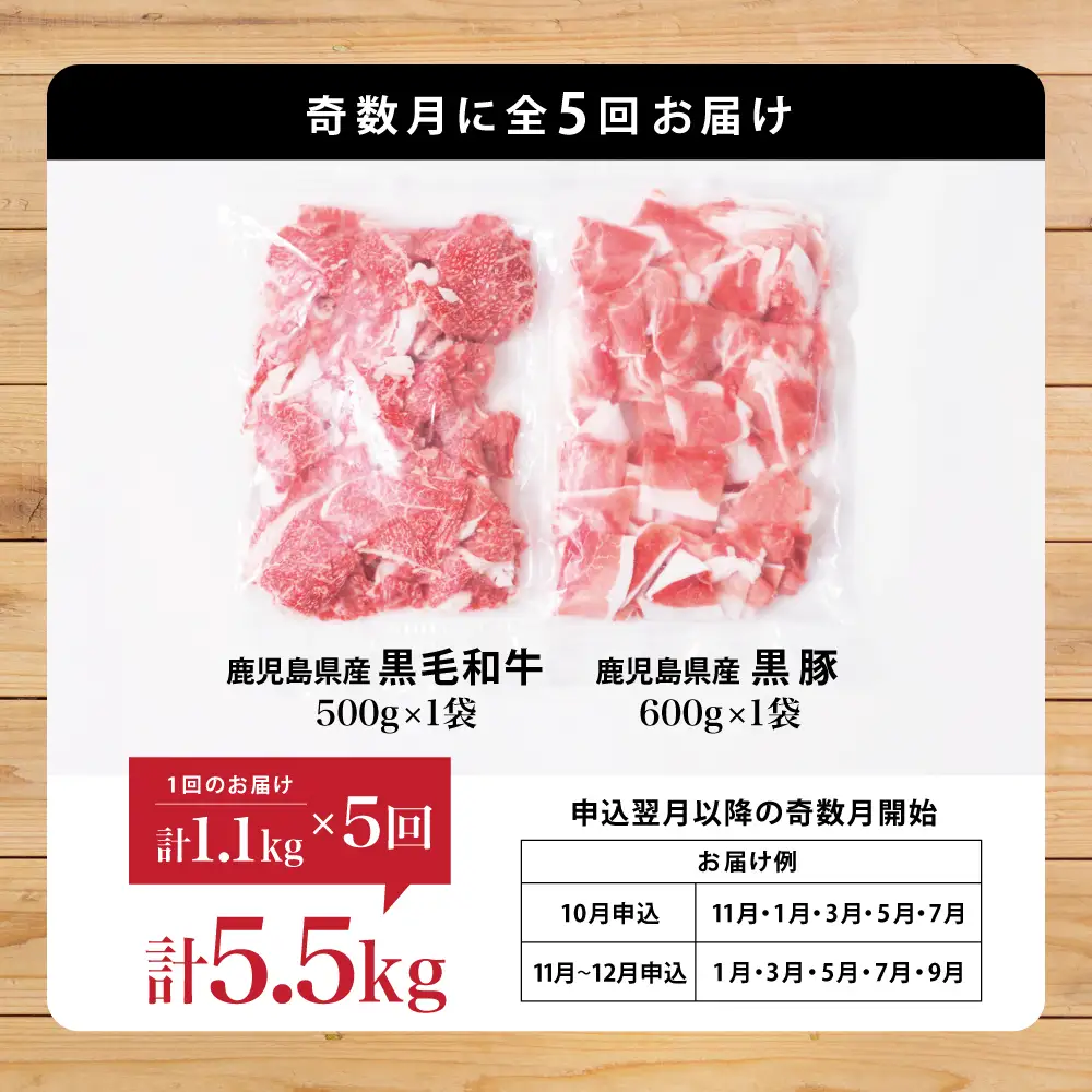 【モリモリ定期便】鹿児島県産黒毛和牛＆黒豚 切落し定期便（全5回）牛丼 肉じゃが カレー 炒め物 国産 お肉 定期便 冷凍 小分け 和牛もも肉 スターゼン