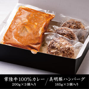 常陸牛カレー(200g×3個)＆美明豚ハンバーグ(約130g×3個)｜カレー レトルトカレー ハンバーグ 美明豚 常陸牛 人気 簡単 茨城県 行方市(AP-14)