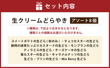 【3ヶ月定期便】 菊川さくら屋の生クリームどらやき（アソート8個） お菓子 和菓子 スイーツ 和スイーツ どら焼き 焼菓子 おやつ 生どら おまかせ 8個 定期 冷凍