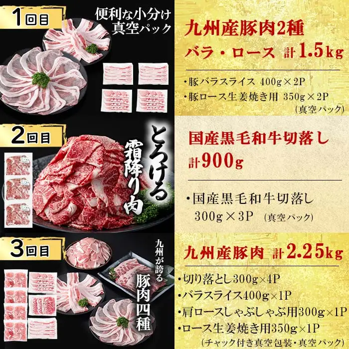 【定期便全6回】大満足！和牛・豚肉定期便(6ヶ月連続・総量8kg以上) 黒毛和牛 国産牛 九州産 豚 豚肉 肉 牛肉 国産 しゃぶしゃぶ 豚バラ 切り落し 大容量 人気 4等級 小分け 真空包装 t0079-001