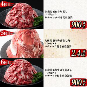 【定期便全12回】牛・豚堪能定期便(12ヶ月連続・計15.7kg超) 黒毛和牛 国産牛 九州産 豚 豚肉 肉 牛肉 国産 4等級 訳あり 小分け 真空包装 冷凍 t0199-001