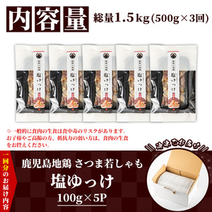 【3か月定期便】鹿児島県産！味付き 鳥刺し 塩ゆっけ 1.5kg(100g×5袋×3回) 冷凍 小分け【00-115-07-TK】