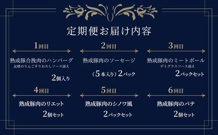 【6ヶ月連続お届け】【長谷川自然牧場産豚肉使用】【お家レストラン】レストラン山崎　満喫定期便  熟成豚肉使用　ハンバーグ2パック/ソーセージ【5本入り】2パック/ミートボール2パック/リエット2個/シノワ風2パック/熟成豚肉のパテ2個