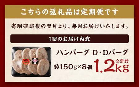 【全6回定期便】ハンバーグ D・Dバーグ 150g×8個 合計1.2kg ／ ハンバーグ お肉 肉 惣菜 おかず 手ごね 手ごねハンバーグ 牛肉 豚肉 合いびき肉 合挽き肉 長崎和牛 出島ばらいろ 大西海SPFポーク 冷凍 長崎県 長崎市