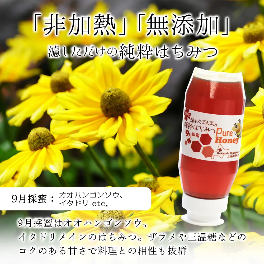東神楽産採れたまんまの純粋はちみつ300ｇ2個【9月採密】オオハンゴンソウ・イタドリ  etc.
