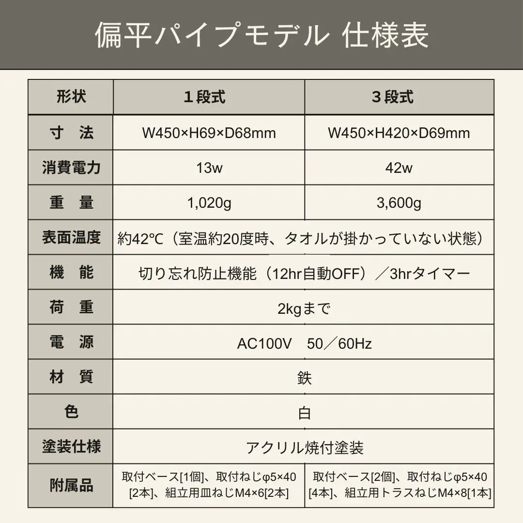 電気タオルウォーマー「ホットeラック」３段式・450mm偏平パイプ（勝手:左）