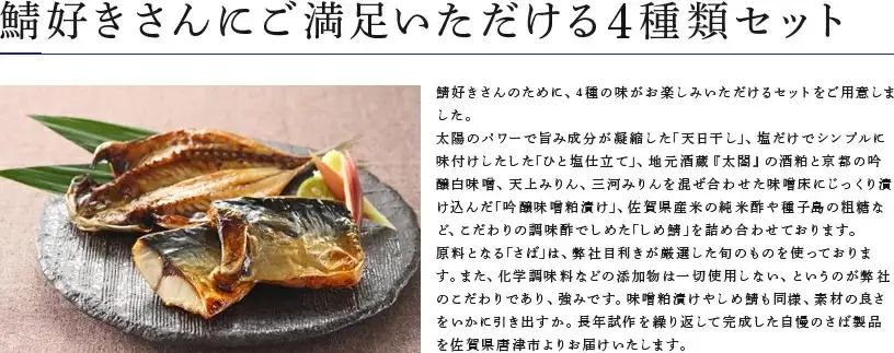 鯖好きのためのさばづくしセット 4種類9枚でお届けします 切身天日干し80g×3切 切身ひと塩仕立て80g×3切 吟醸味噌粕漬け80g×2切 しめ鯖130g×1枚 おかず ギフト