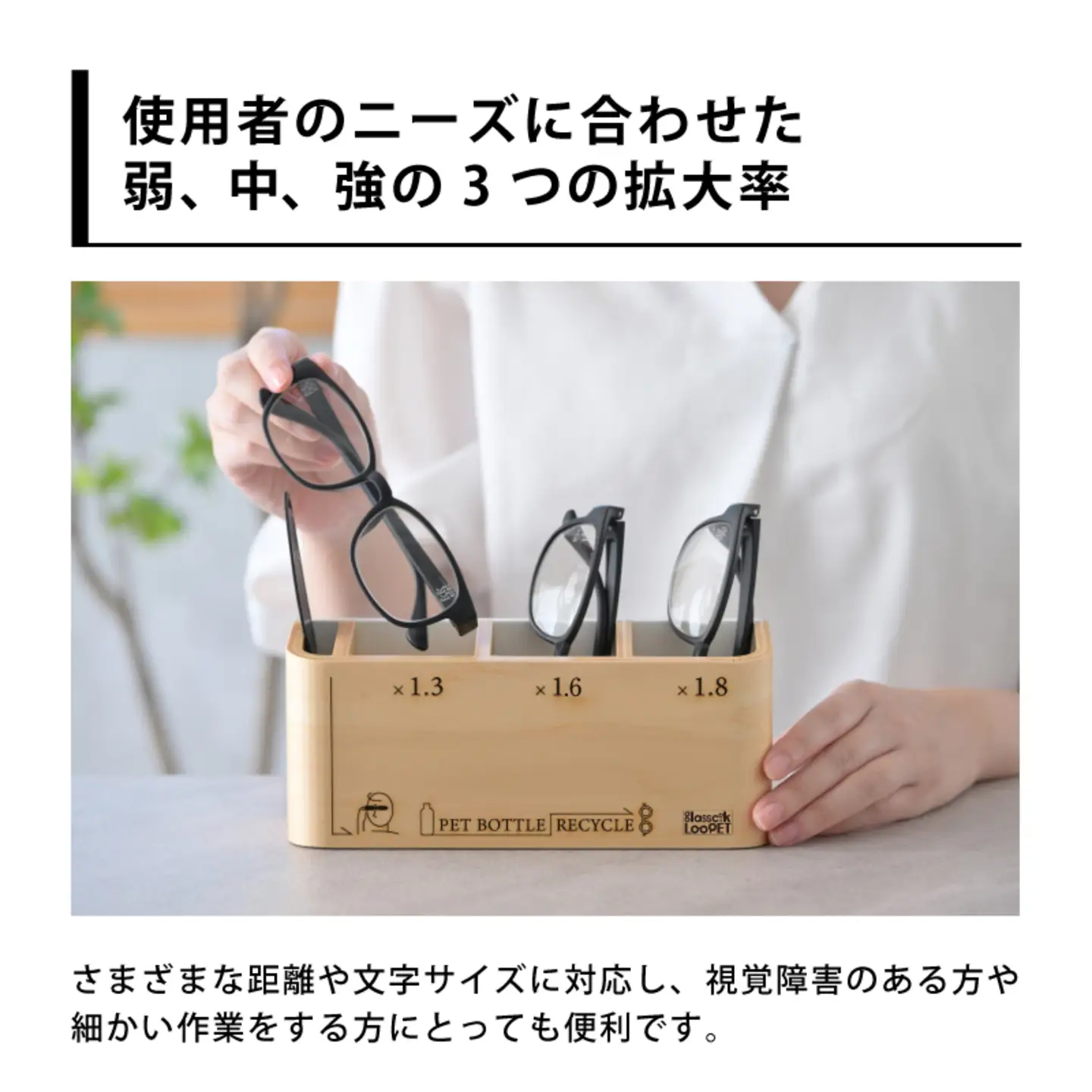 スタンド付きPETリサイクル強、中、弱メガネ型ルーペ＋ピント