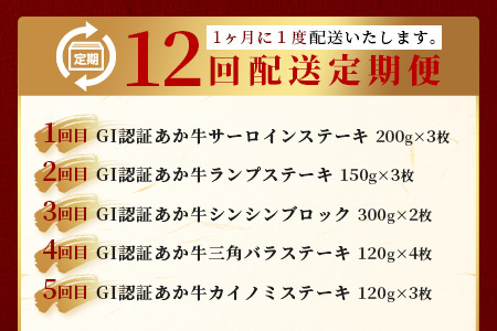 【定期便 12回】≪GI認証≫くまもと あか牛 12種 食べ比べ【ご褒美 定期便】ステーキ シャトーブリアン サーロイン ランプ ミスジ リブ ロース 12回配送 ステーキ 和牛 あか牛 牛肉 赤身 肉 和牛 046-0677