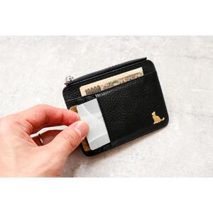 ミニ財布　コンパクト財布　小さい財布　薄い財布　薄型財布　本革　猫　ねこ　軽い　レザー 【ブラック】