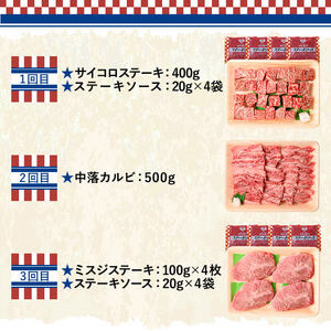 ＜定期便・全3回(隔月)＞おおいた和牛3回定期便 THE USA Box/DX(サイコロステーキ400g、ミスジステーキ400g、中落カルビ500g) 牛肉 黒毛和牛 A4 お肉 ステーキ セット 詰合せ 詰め合わせ 食べ比べ【214000101】【一般社団法人　地域商社USA】
