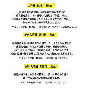 福小町・両関　大吟醸ミニボトル3本セット ふるさと納税 秋田県 酒 純米大吟醸 山田錦 日本酒【小川忠太郎商店】[B1-5205]