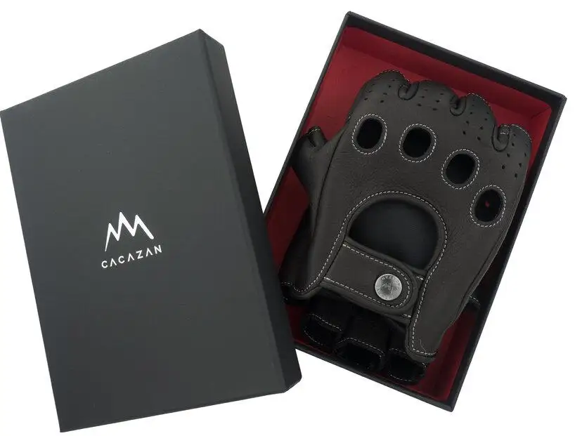ドライビンググローブ ハーフフィンガー  カカザン  CACAZAN 革手袋 レザーグローブ 【カラー：ブラック×ブラック／サイズ：LL】