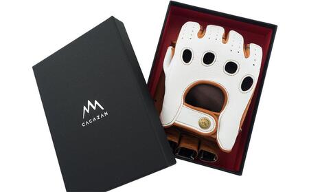 ドライビンググローブ ハーフフィンガー  カカザン  CACAZAN 革手袋 レザーグローブ 【カラー：アイボリー×キャラメル／サイズ：S】
