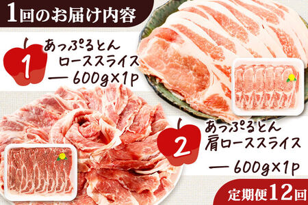 《定期便12ヶ月》 秋田県横手市産 あっぷるとん ローススライス＆肩ローススライス詰合せ 合計1.2kg（600g×各1パック）豚肉