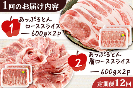 《定期便12ヶ月》 秋田県横手市産 あっぷるとん ローススライス＆肩ローススライス詰合せ 合計2.4kg（600g×各2パック） 豚肉