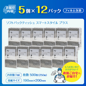 コンパクト ソフトパック ティッシュ スマートスタイル 250W5P フィルム包装 省スペース 箱なし シック 安心 日本製 100％パルプ 日用品 生活用品 防災 備蓄 富士市 [sf002-345]