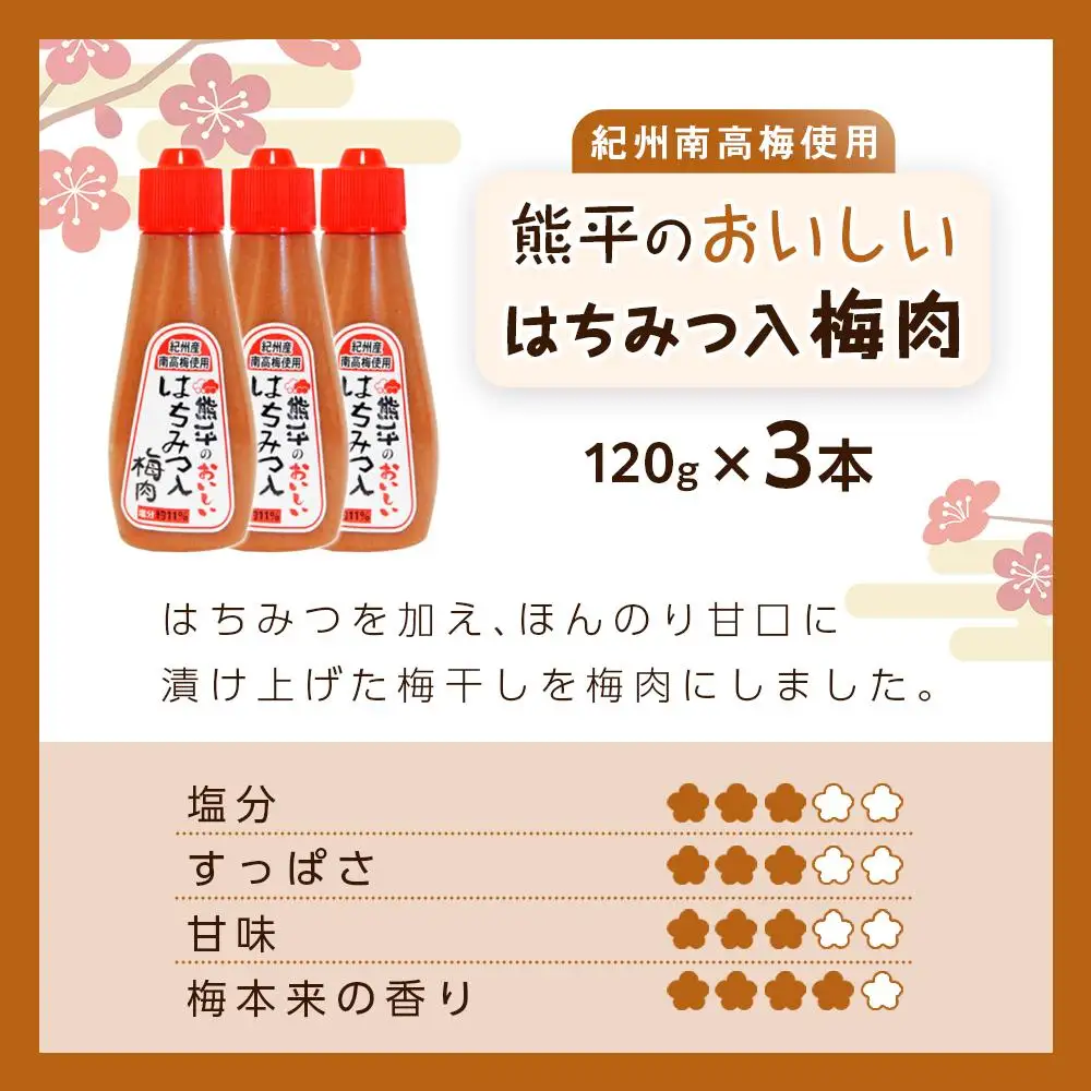 紀州南高梅使用 熊平のおいしい はちみつ 入 梅肉 塩分 約11％ 約120g × 3本セット