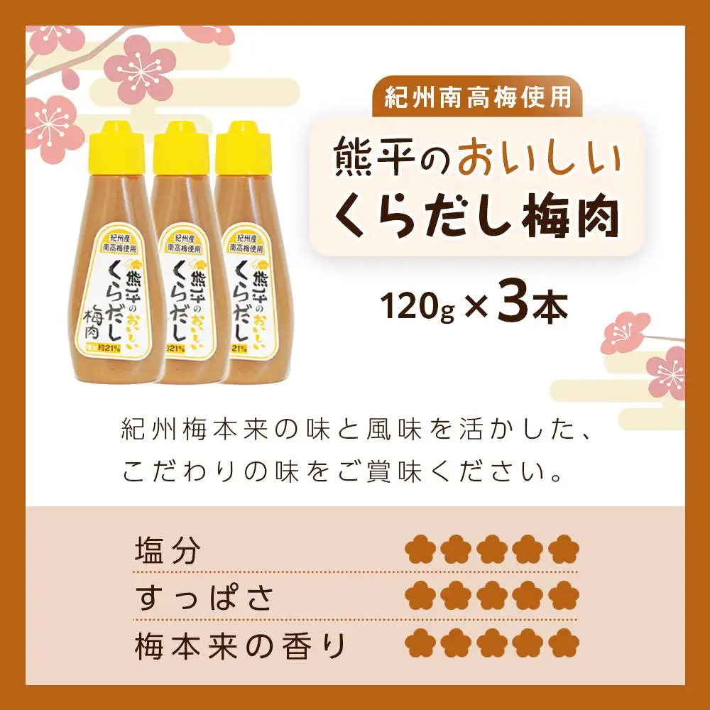 紀州南高梅使用 熊平のおいしい くらだし 梅肉 塩分 約21％ 約120g × 3本セット