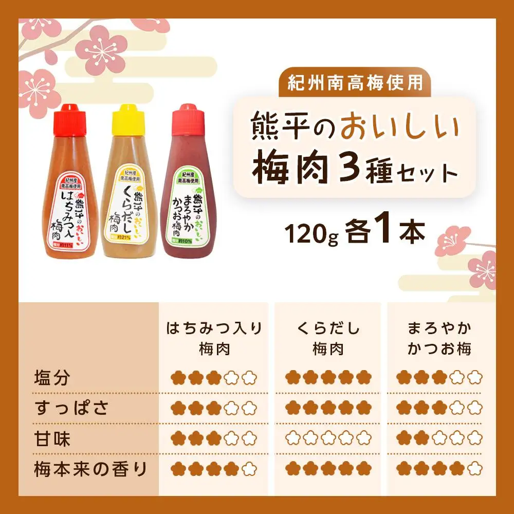 紀州南高梅使用 熊平のおいしい 梅肉 3種 3本 セット  合計約360g【 くらだし（塩分 約21％） はちみつ入り （塩分約11％） かつお (塩分約10％) 】